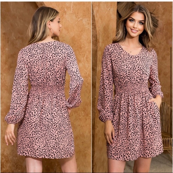 LAST ONE: Women’s dusty mauve coral Dalmatian print long sleeve dress - Picture 2 of 3